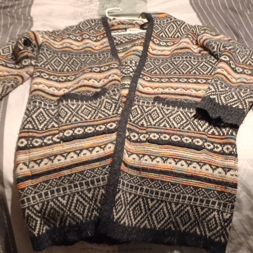 Monteau Hooded Intarsia Duster Cardigan Pockets Knee Length Cream multicolor SM
